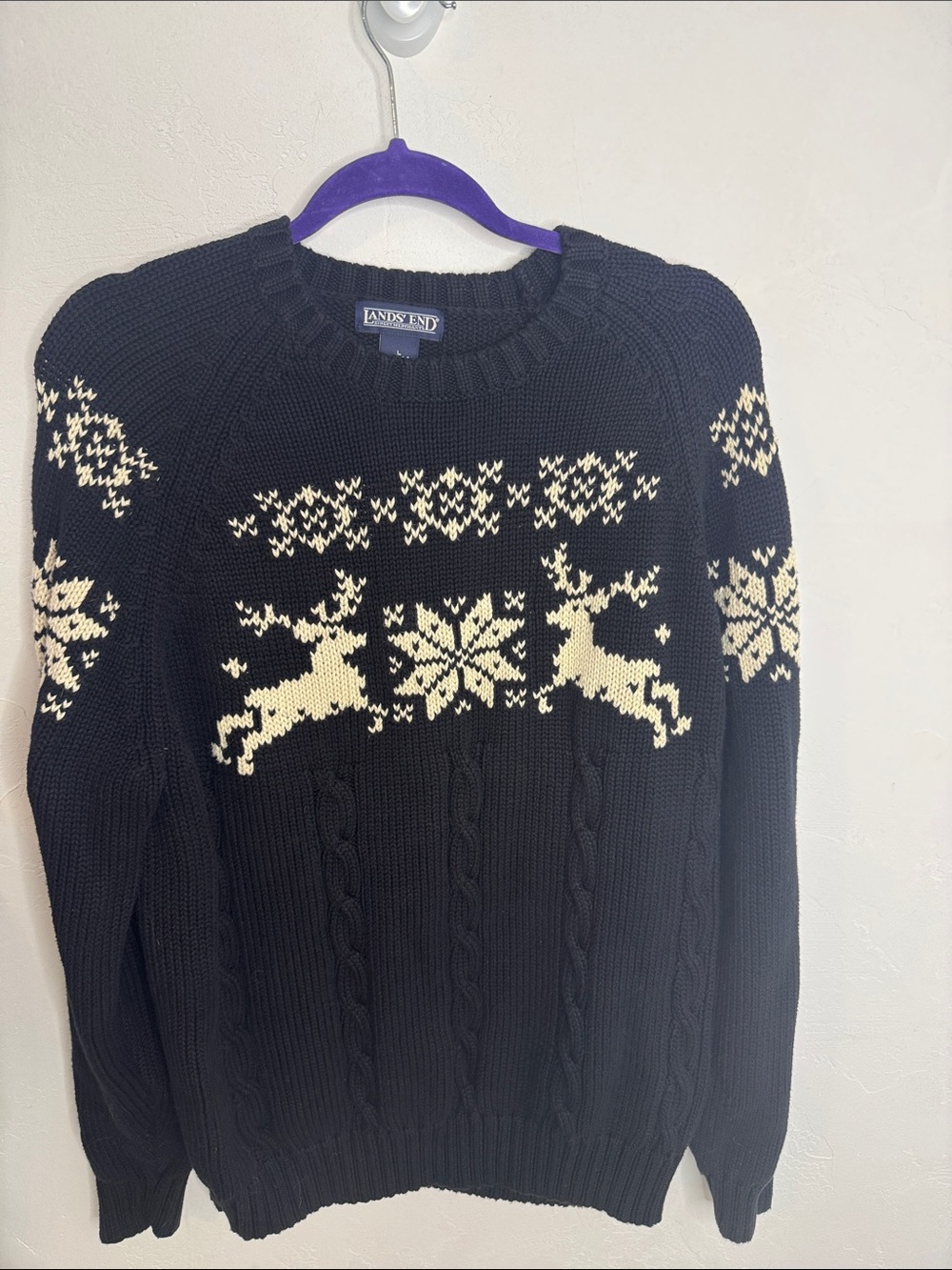 Lands' End Navy Crewneck Sweater with Cream Reindeer Motif